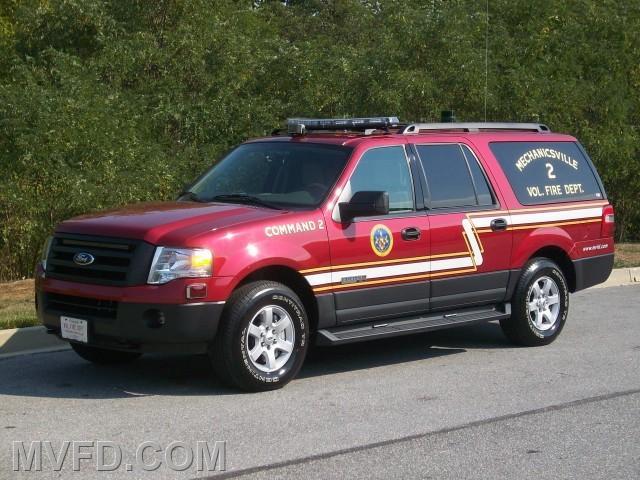Command 2 was a 2007 Ford Expedition EL powered by a V8 gas engine and automatic transmission. It is equipped with LED and strobe emergency lighting and a Powercall 6Baker siren. Some equipment carried includes, a Dell Latitude notebook with wireless broadband internet capability, 15&quot; LCD TV monitor coupled to a thermal imaging receiver, Brother multi-function printer, AED and assorted EMS gear, Incident Management work board, Pro-Maxx Irons set and equipped with radio communications for surrounding mutual aid jurisdictions as well as marine units. Outfitting of the unit was completed by Fastlane Emergency Vehicles in Purcellville, Virginia through FESCO Emergency Sales in Elkridge, Maryland.