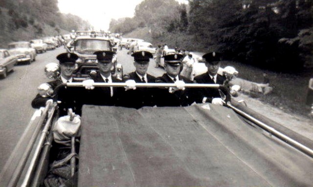 Riding the Tailboard on Engine 21 (left to right Peany Wood, Eddie Long, John Montgomery, Billy Simpson, Stanley Williams)