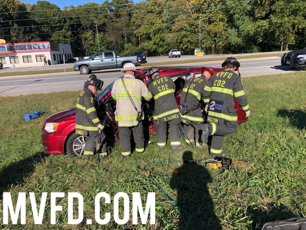 Mechanicsville crews working to free one occupant trapped in this vehicle along Three Notch Road Tuesday afternoon. 