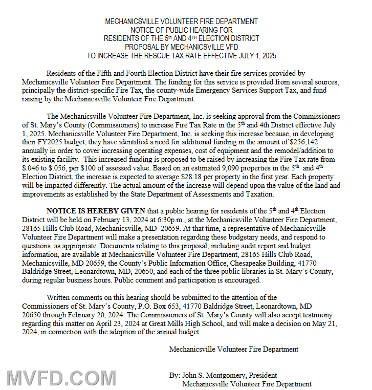 Public Notice by MVFD President 
