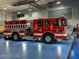 Engine 22 on the Blue Floor at Pierce Manufacturing as members conduct the final inspection 